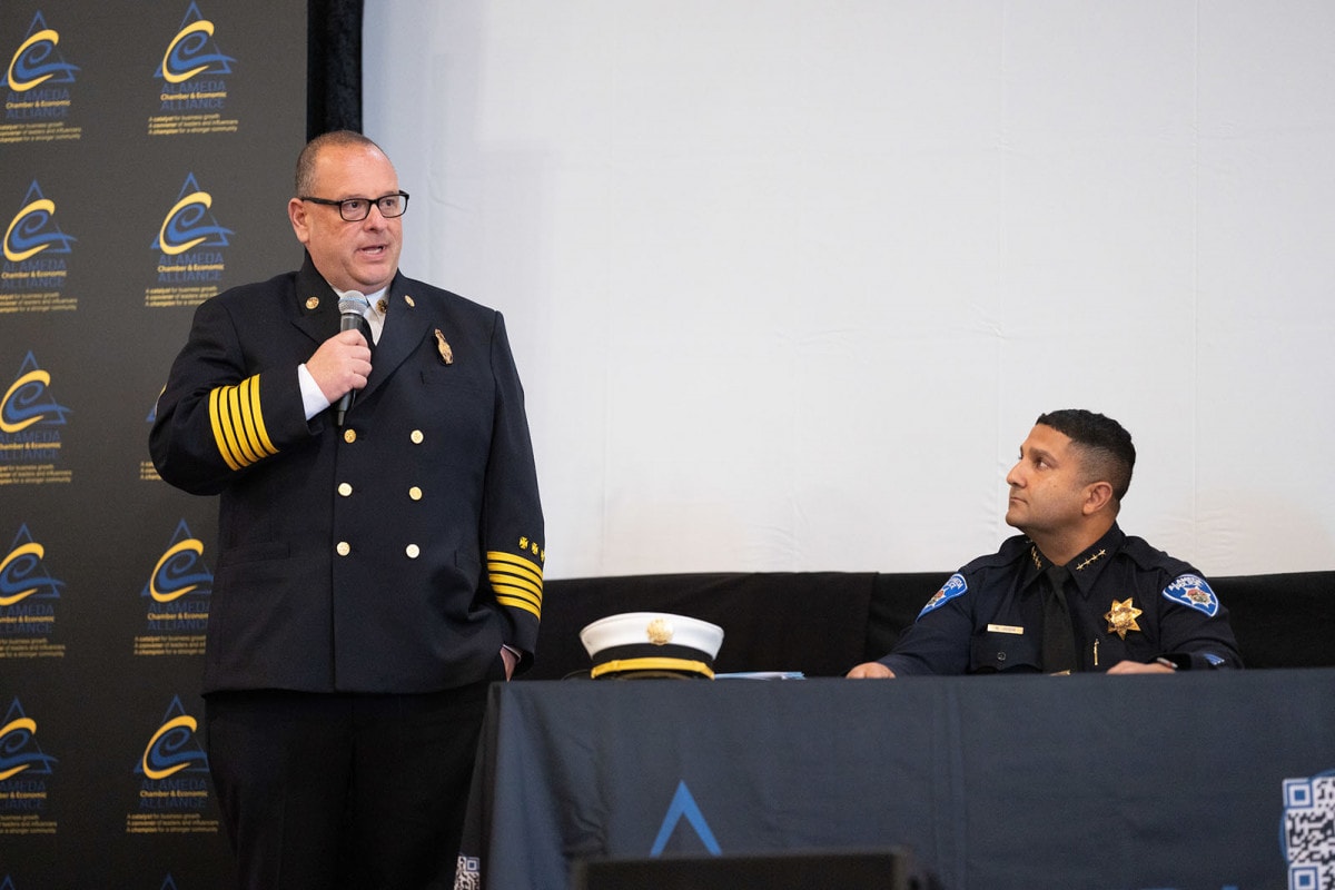 Alameda Post - AFD Chief Nick Luby and APD Chief Nishant Joshi, aboard the USS Hornet for the 2022 State of the City. Photo Maurice Ramirez.