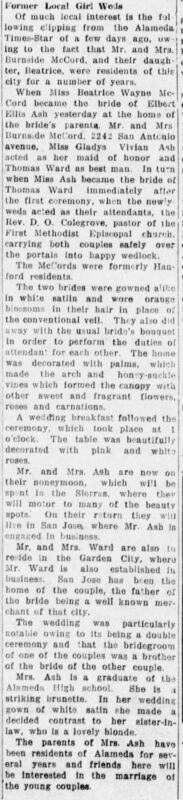 Alameda Post - a newspaper clipping reporting dual weddings at the McCord Family home