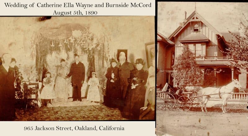 Alameda Post - two old sepia photographs. On the left is a wedding party, and there is a house on the right