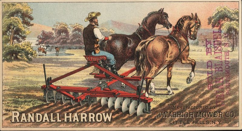 Alameda Post - An advertisement for a harrow. It is shown pulled behind two horses and a farmer in a seat