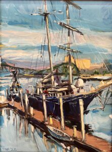 Alameda Post - an oil painting of an old ship at dock. Plein Air Paintout.