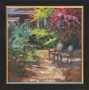 Alameda Post - an oil painting of a colorful shady yard with two empty chairs from the Plein Air Paintout