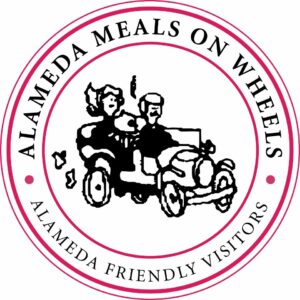 Alameda Post - the logo for Meals on Wheels. A little drawing of two people in an old car delivering food 