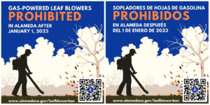 Alameda Post - a side by side of English and Spanish announcements of the gas powered leaf blower ban