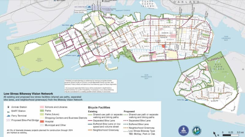 Alameda Post - a map of Alameda with the proposed Low Stress Bikeway Vision Network