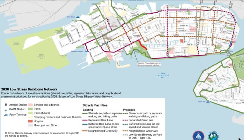 Alameda Post - the map of the 2030 Low Stress Backbone considered at the Active Transportation Plan Council meeting