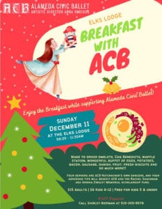 Alameda Post - a poster that says "Breakfast with ACB Sunday December 11 at the Elks Lodge" Keep listening or reading for details