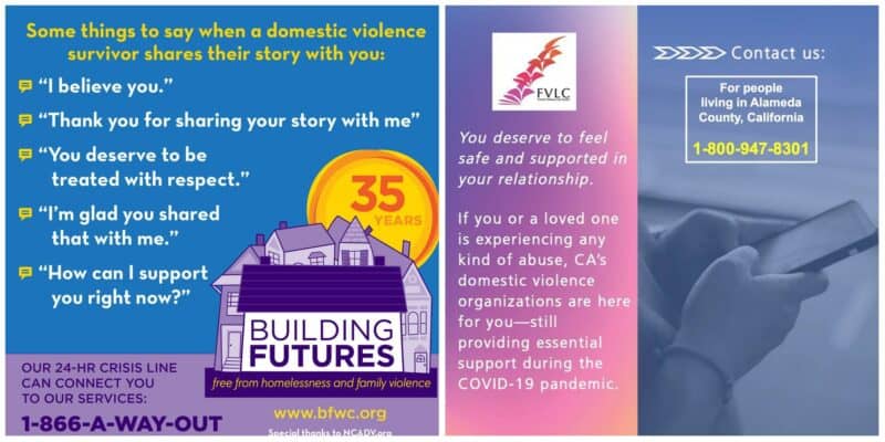 Alameda Post - a collage of infographics about social services. "Our 24 hour crisis line can connect you to our services: 1-866-A-WAY-OUT. www.bfwc.org" Additionally, "For people living in Alameda County California, 1-800-947-8301.