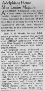 Alameda Post - a newspaper clipping with the headline Adelphians Honor iss Louise Maquire