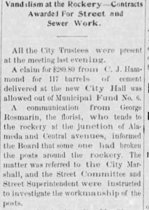 Alameda Post - an old newspaper clipping with the heading: "Vandalism at the Rockery. Contracts for street and sewer work."