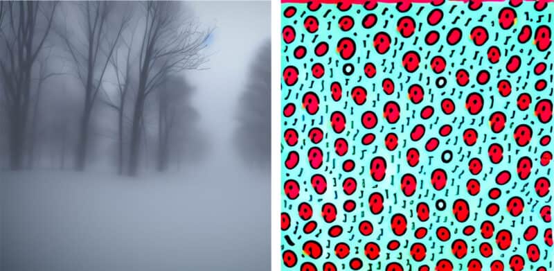 Alameda Post - two AI generated imaged. The one on the left is a blurry, wintery scene with snow covering the ground and barren trees. The right image is a very cheerful pattern of red dots on a bright, light blue background