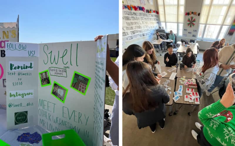 Alameda Post - two side by side photos. On the left, a trifold cardboard display says "Swell" and lists information about the club. On the Right, students sit and stand around a group of desks with supplies in the middle