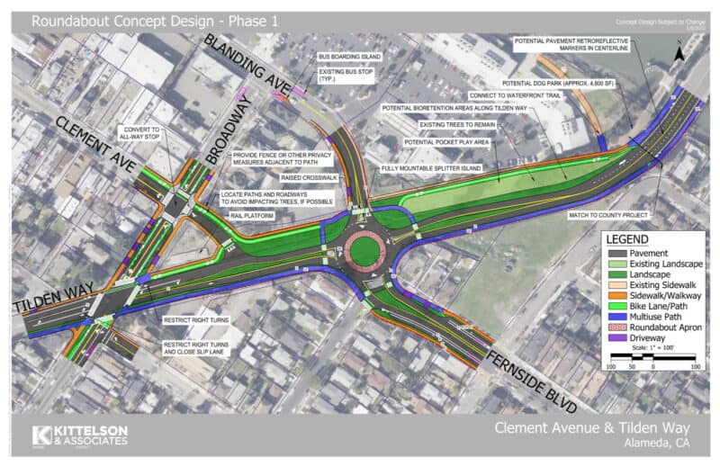 Alameda Post - a proposed map of the Clement Tilden project including a new roundabout and green space along Tilden Way