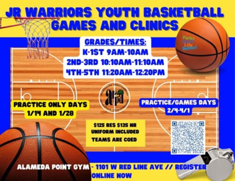 Alameda Post - a poster in orange, yellow, and blue with an image of a basketball court and basketballs. It says "Warrior youth basketball Games and Clinics." Continue reading for the details of the poster in the body of the article. 