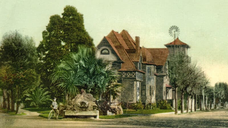 Alameda Post - an old color drawing of the Pond Mansion near The Rockery at 1500 Alameda Ave