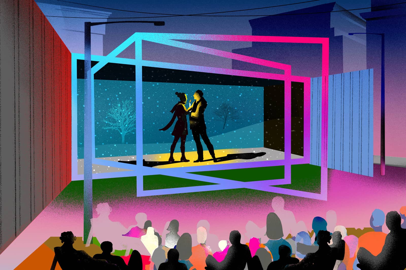 Alameda Post - an artistic representation of Bohème Out of the Box being performed onstage. Geometric shapes and outlines of people fill the opera scene