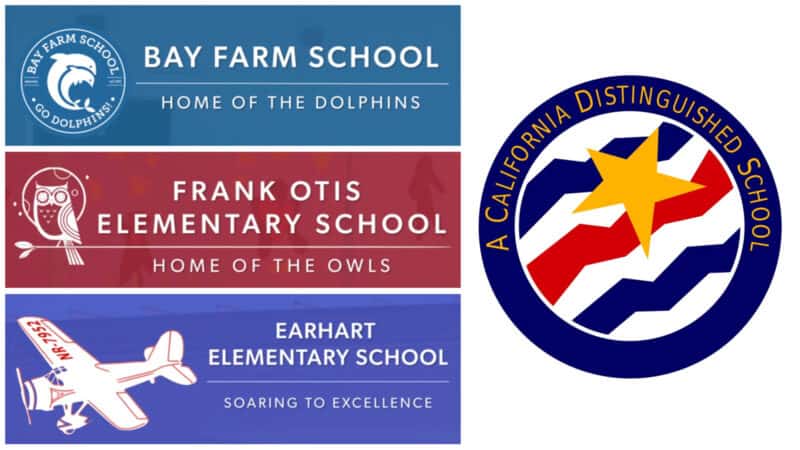 Alameda Post - the logos for Bay Farm School, Frank Otis Elementary School, and Earhart Elementary School. Next to them all, there's a award symbol that says "A California Distinguished School"