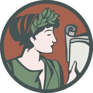 Alameda Post - the logo for Sibylline Press, with a Greek or Roman figure holding scrolls and wearing a headband of leaves