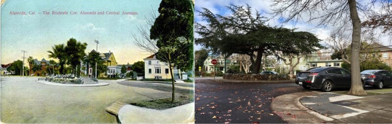 Alameda Post - an illustration of the Rockery in its glory days and a photo from now