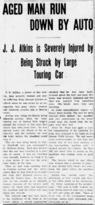 Alameda Post - an old newspaper clipping with the headline "Aged man run down by Auto. J J Atkins is severely injured by being struck by large touring car."