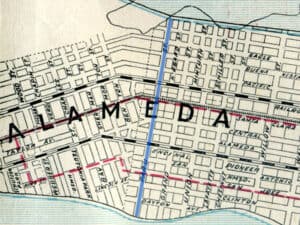 Alameda Post - section of 1908 map of Alameda showing Paru Street highlighted