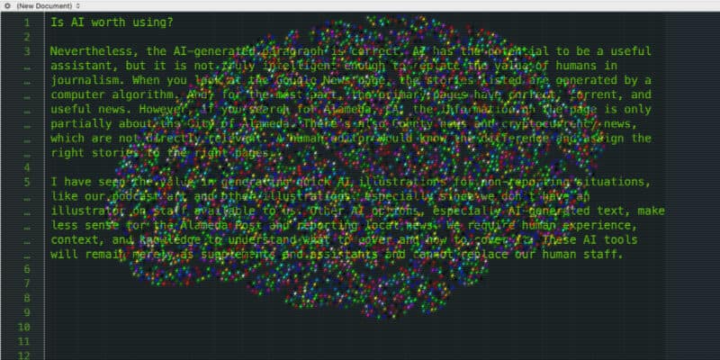 Alameda Post - an image that appears to be green writing on top of a gray background, like an old computer display. There are also sparkly starts under the test. The text says "Is AI worth using?" And continues on with two paragraphs of text. The text is exactly the same as the last two paragraphs in the body of the article. 