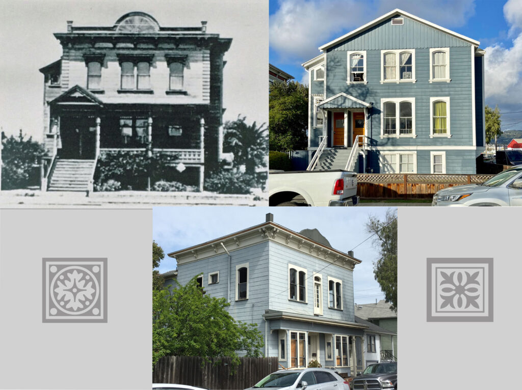 Alameda Post - a black and white photo of a house, a modern photo of the same house, and a modern photo of another building. After these hotel buildings were moved, Marcuse & Remmel built on the grounds of the former Fasskings hotel. 