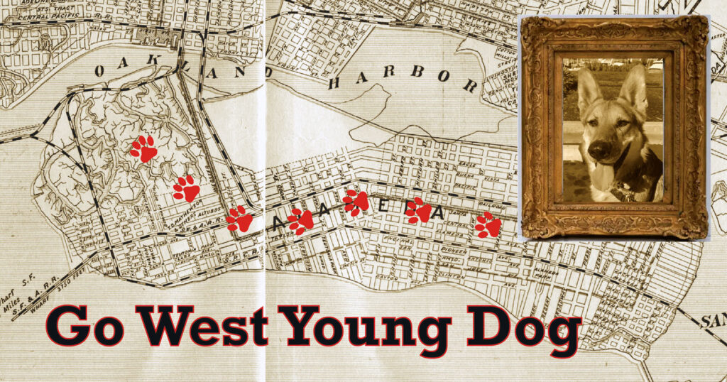 Alameda Post - Bear's-Eye View of Alameda for February 26, 2023. A map of Alameda with paw prints on it that says Go West Young Dog