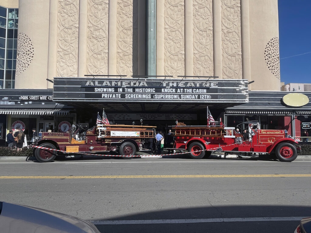 Alameda Post - Bear's-Eye View for February 12, 2023 – fire trucks in front of Alameda Theatre