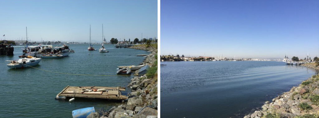 Alameda Post - a side by side comparison looking into the shoreline. Before cleanup, there are a lot of boats, makeshift vessels, and a strange floating dock. After, the area is clear of debris and anchored-out vessels.