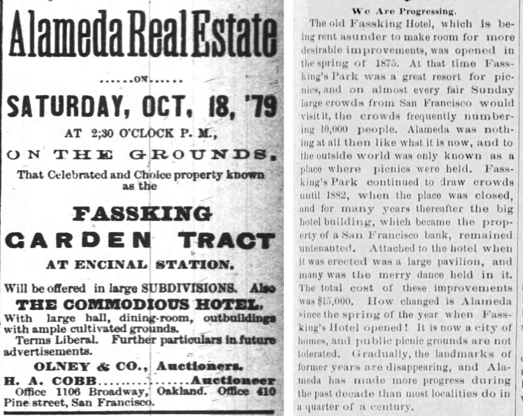 Alameda Post - two old newspaper clippings. The first has a headline that says "Alameda Real Estate Saturday October 18, '79 at 2:30 O'clock pm on the grounds that celebrated and choice property known as the Fassking Garden Tract" The second clipping says "We are progressing" and continues to remember the hotel and reflect on how Alameda is changing and progressing over time.