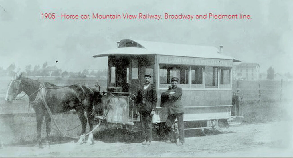 Alameda Post - an old black and white photo of a horsecar, a horse to pull it, and two men. Louis Fassking himself was heavily involved in horsecar debates in Alameda, likely because it affected his business.