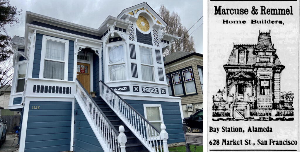 Alameda Post - a blue house and a clipping of a newspaper that says "Marcuse & Remmel, Home Builders, Bay Station Alameda, 628 Market St. San Francisco"