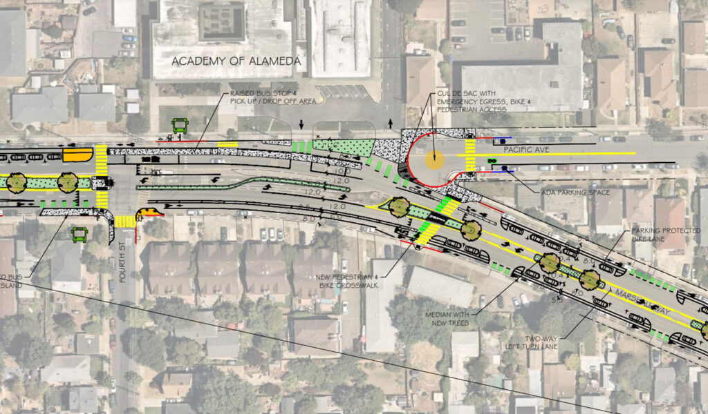 Alameda Post - a map proposing changes to the intersection of Marshall Way and Pacific Avenue near the Academy of Alameda