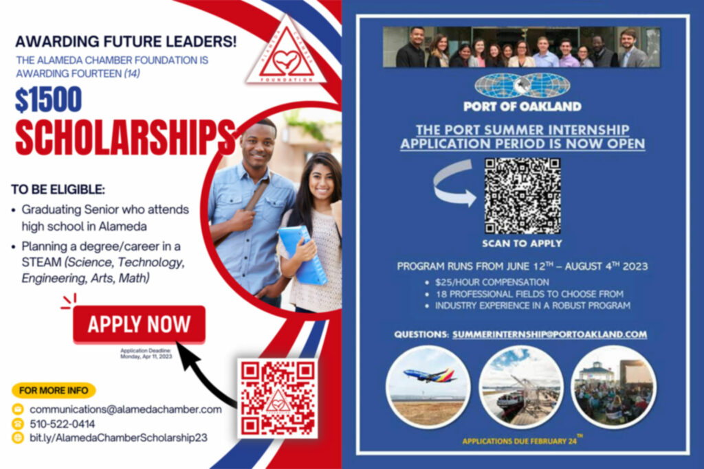 Alameda Post - Fliers from the Alameda Chamber Foundation and the Port of Oakland with opportunities for scholarships and internships for high school students.