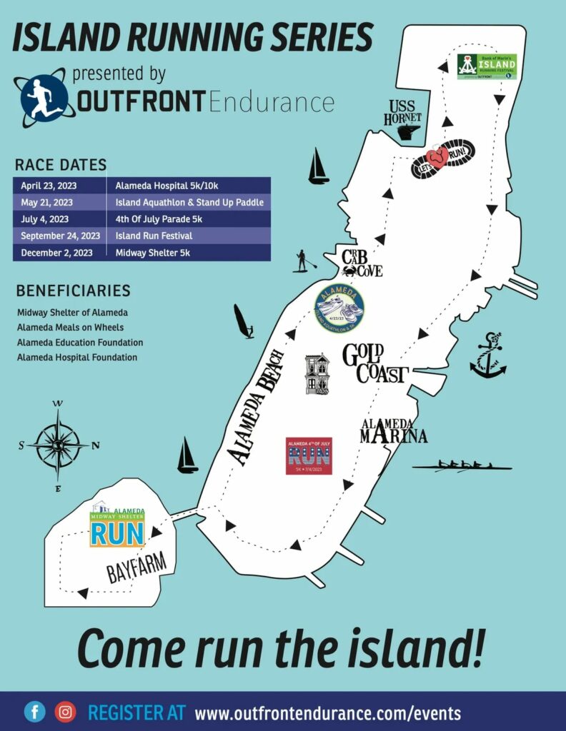 Alameda Post - a map of Alameda labeled "Island Running Series presented by Outfront Endurance." It includes the dates and locations of the Alameda Hospital 5k, the Island Aquathlon, the 4th of July Parade 5k, the Island Run Restival, and the Midway Shelter 5k