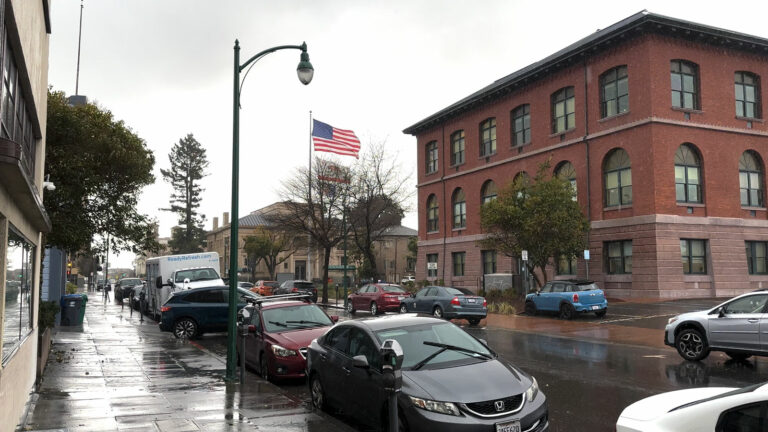 Alameda Post - Alameda City Hall and flags in wind and rain