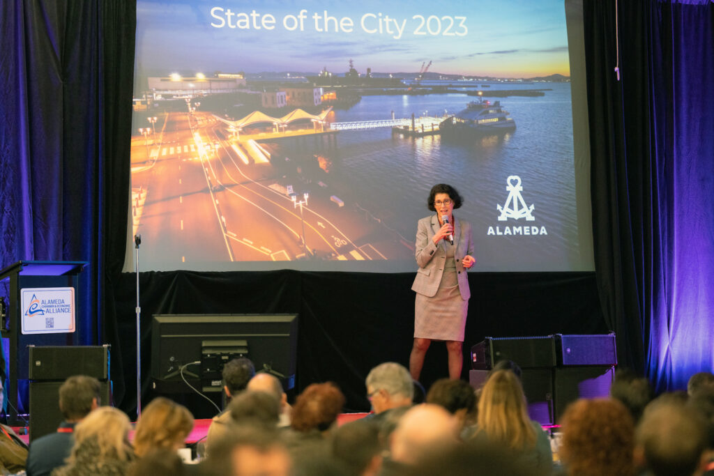 Alameda Post - Alameda Mayor Marilyn Ezzy Ashcraft presents the State of the City address aboard the USS Hornet on March 30, 2023. 