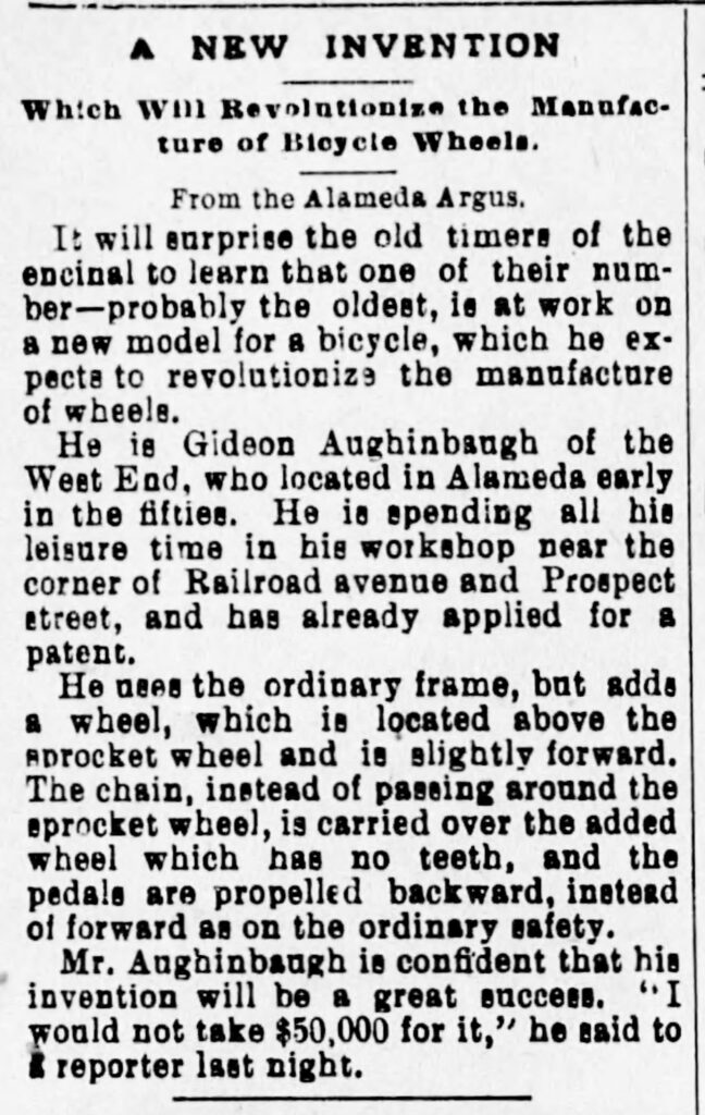 Alameda Post - a newspaper clipping that says "A new invention which will revolutionize the manufacture of bicycle wheels"