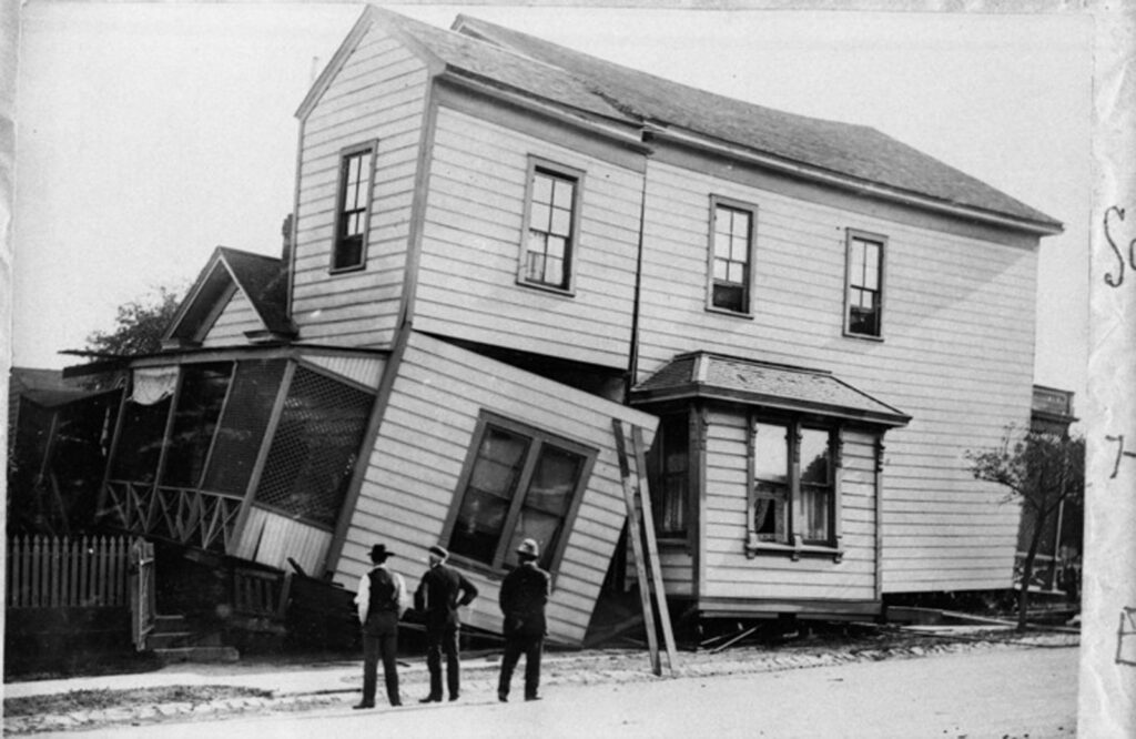 Alameda Post - a house with a crooked and leaning portion after an earthquake.