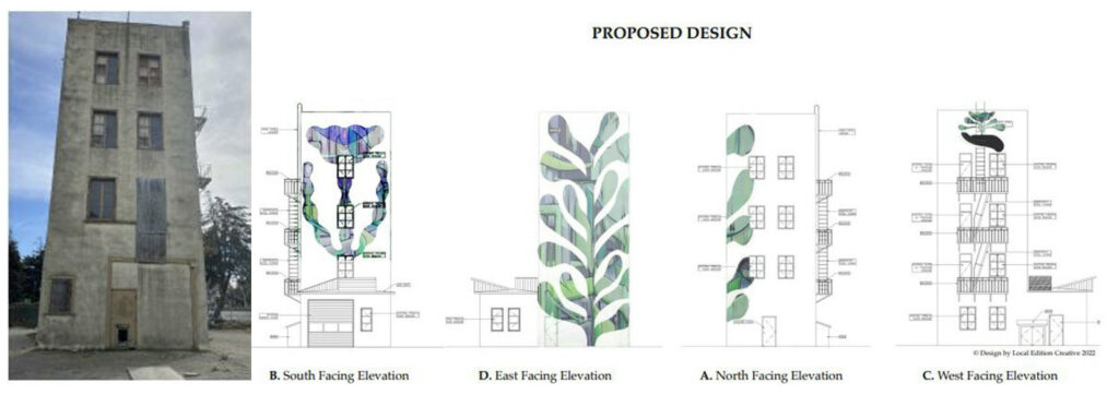 Alameda Post - a photo of the fire tower as it is now, and a drawing of a leafy mural that could wrap around the building 