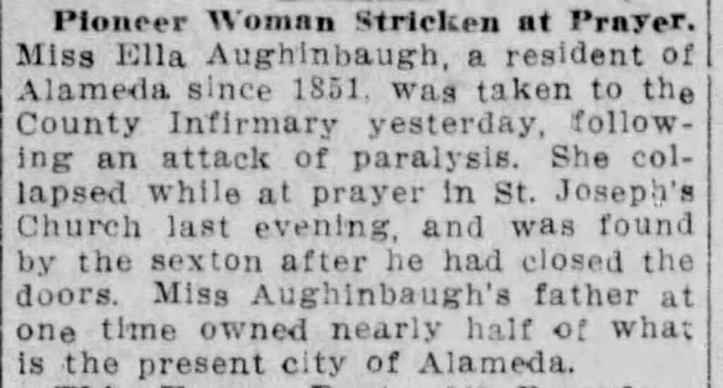 Alameda Post - an old newspaper clipping with the headline "Pioneer Woman Stricken at Prayer"