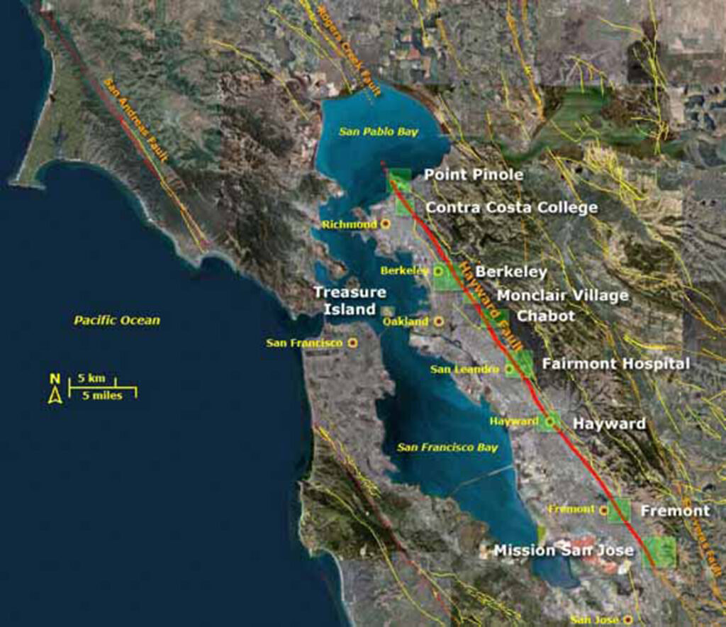 Alameda Post - the Hayward fault line which runs up the Bay Area from Fremont to Point Pinole. A red line on a map shows the fault line that could cause a lot of problems during the Big One