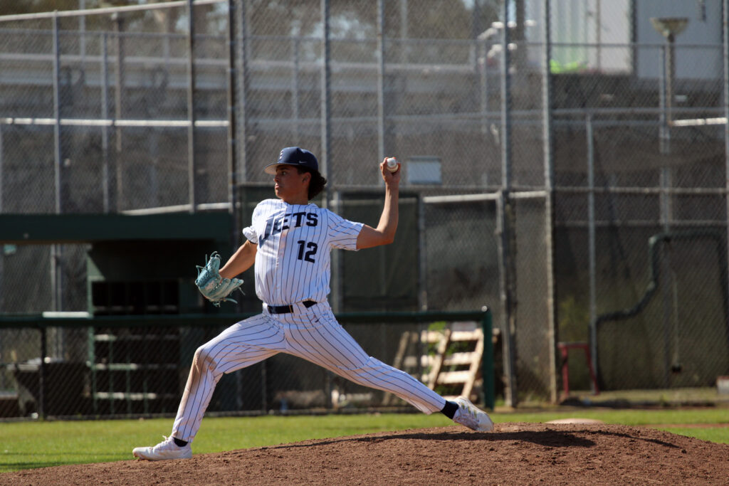 Alameda Post - Encinal's Shaan Castro pitches against San Leandro. The senior gave up zero hits over five innings. Photo Kelly Quach.