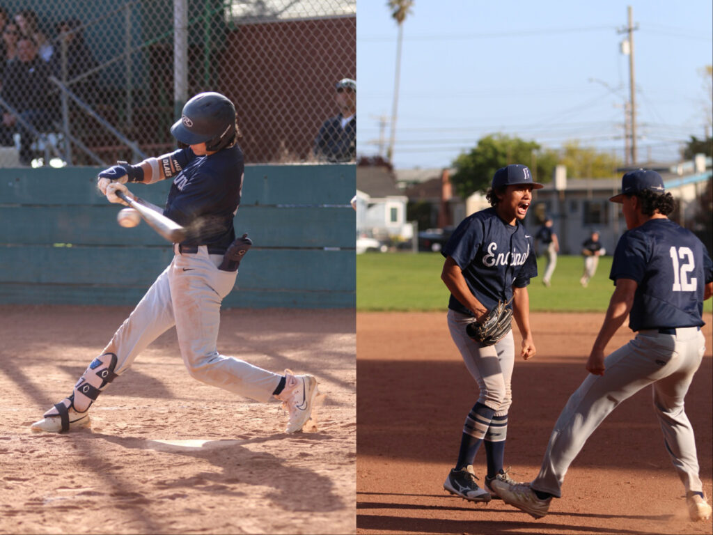 Alameda Post - a photo of a baseball player hitting a ball, and then a photo of two baseball players in the infield