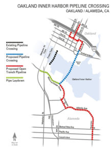 Alameda Post - a diagram map of the Oakland Inner Harbor Pipeline, included dotted lines from Alameda to Oakland with the proposed types of pipeline to lay. The pipeline goes through the harbor and is in addition to existing pipeline.