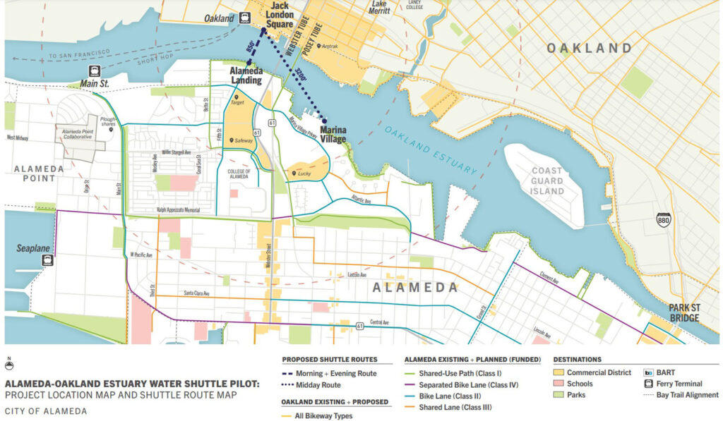 Alameda post - a map of the water shuttle route connecting Alameda to Oakland