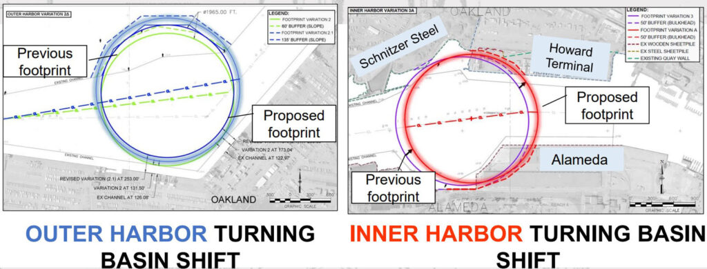 Alameda Post - maps of the two turning basins in Oakland Harbor with the proposed larger footprint overlayed 