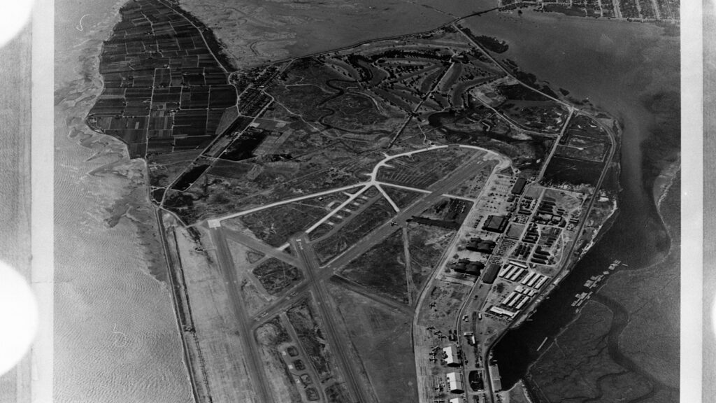 Alameda Post - a black and white aerial photo of Bay Farm and Alameda