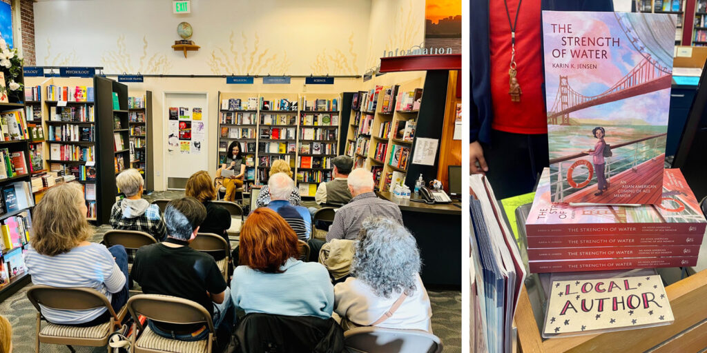 Alameda Post - a photo of Karin Jensen at her book signing at Books Inc. People are seated in rows of chairs as she speaks from the front. There is also a photo of her book, 'The Strength of Water"